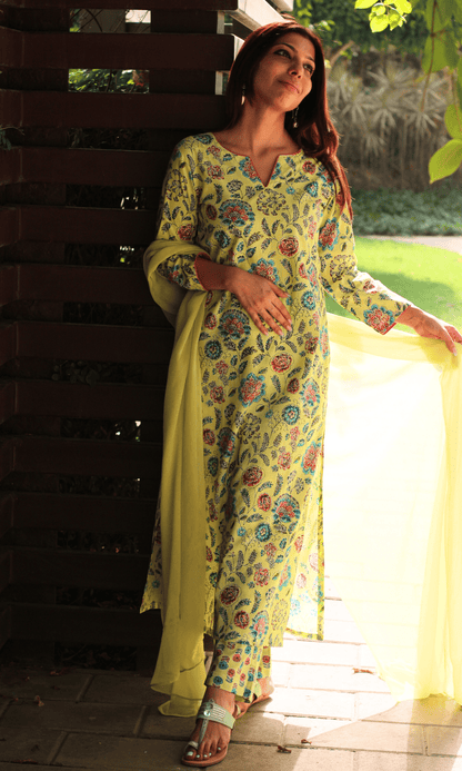 Cotton Lime Zest Printed Kurta, Pant & Chiffon Dupatta - Baareeki