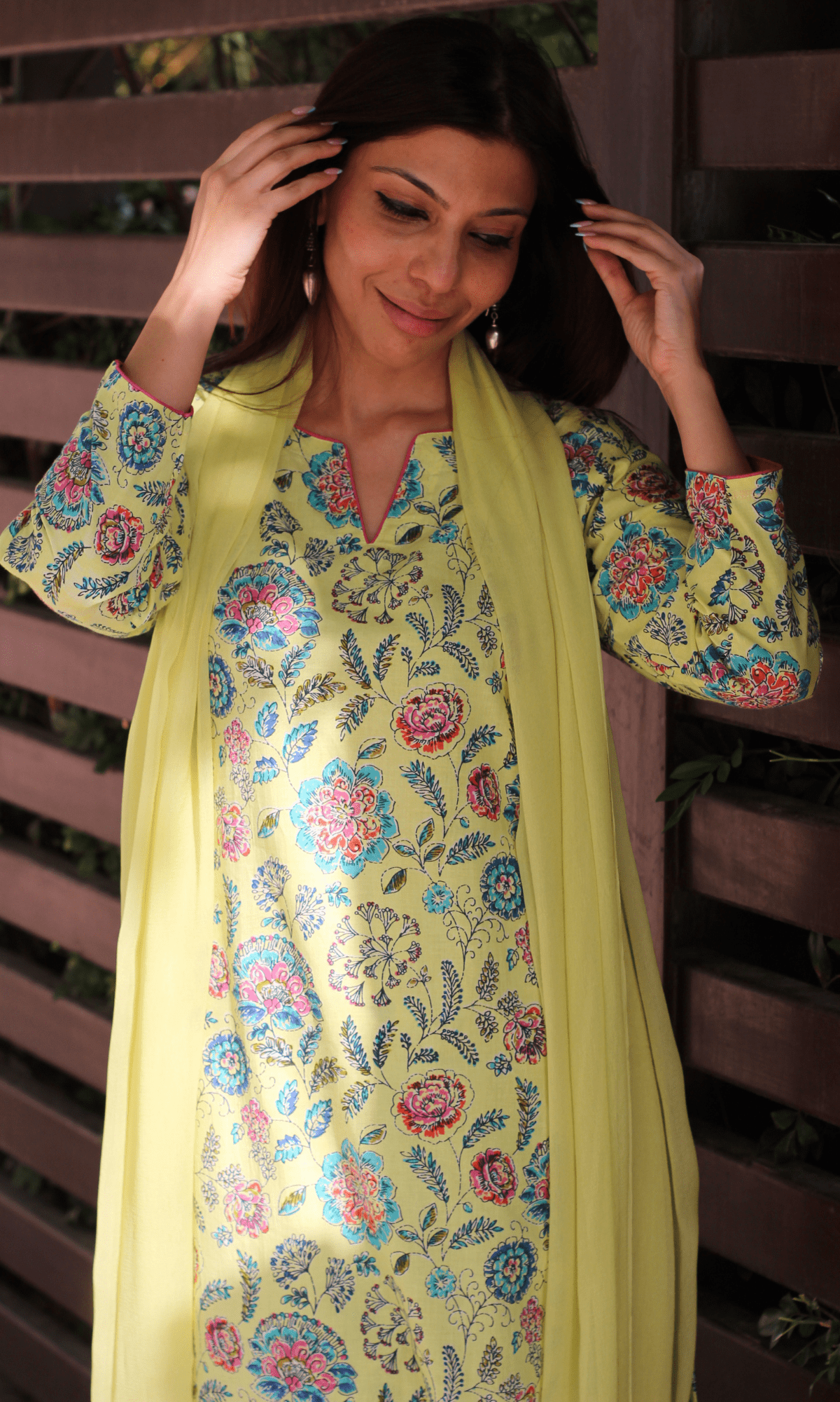 Cotton Lime Zest Printed Kurta, Pant & Chiffon Dupatta - Baareeki
