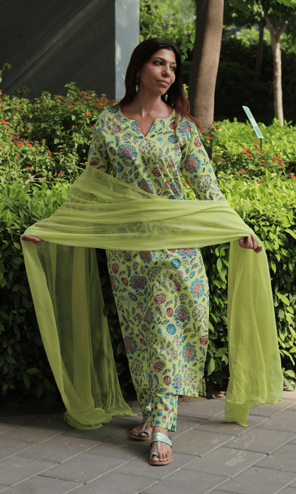 Cotton Lime Zest Printed Kurta, Pant & Chiffon Dupatta - Baareeki