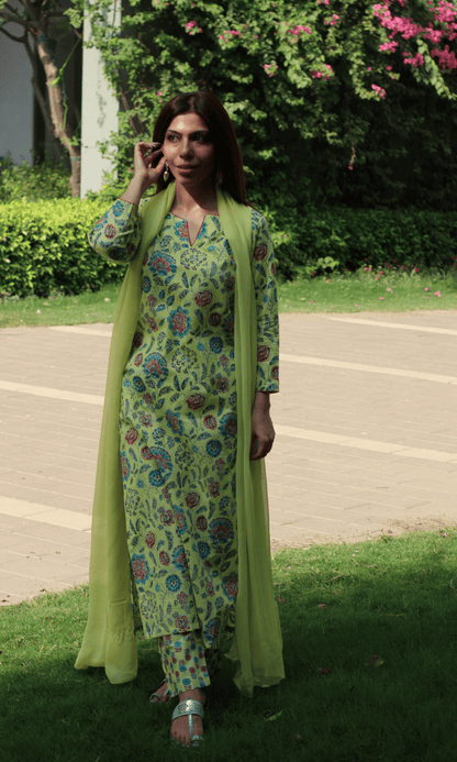 Cotton Lime Zest Printed Kurta, Pant & Chiffon Dupatta - Baareeki