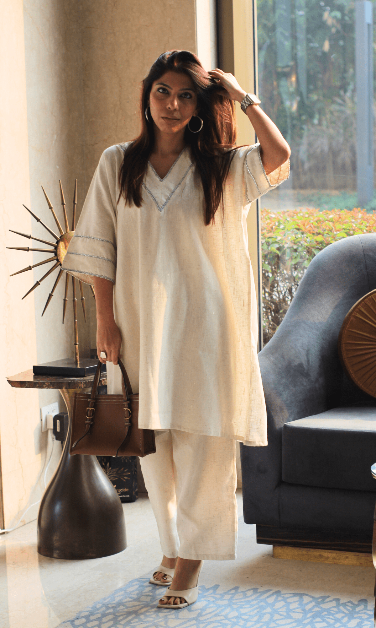 Cotton Linen Blend Dobby Laced Kaftan Coord - Baareeki