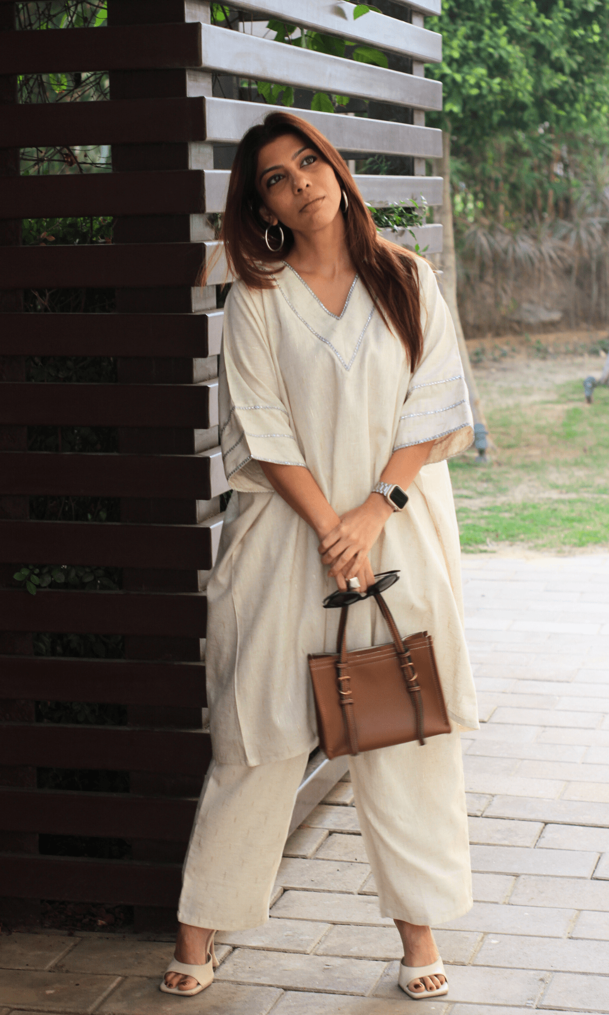 Cotton Linen Blend Dobby Laced Kaftan Coord - Baareeki