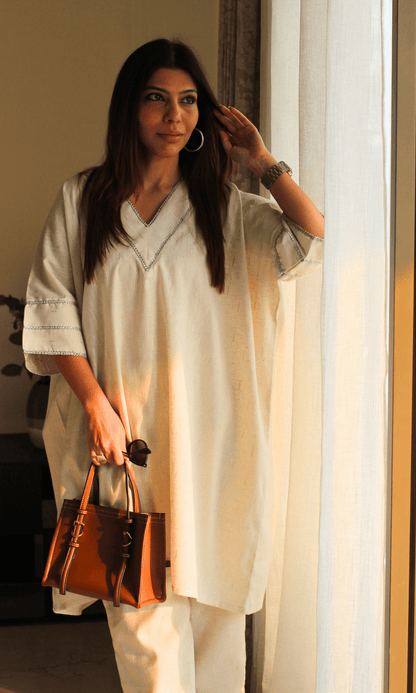 Cotton Linen Blend Dobby Laced Kaftan Coord - Baareeki