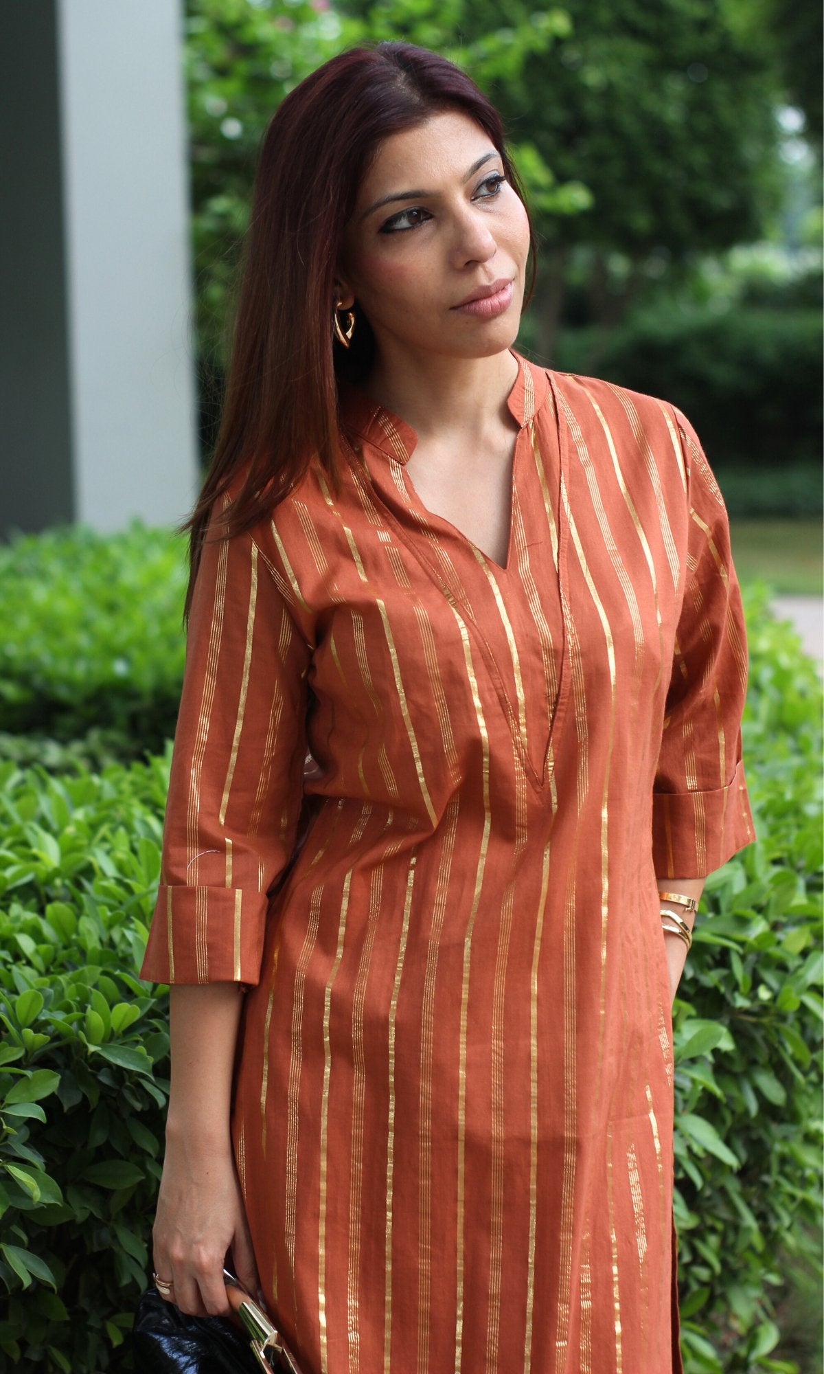 Cotton Lurex Collared Rust V - neck Coord Set - Baareeki