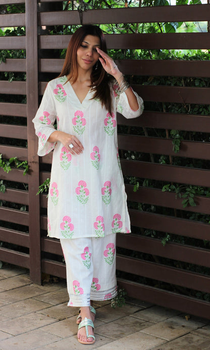 Cotton Lurex Creamy Pink Gota Co - ord - Baareeki