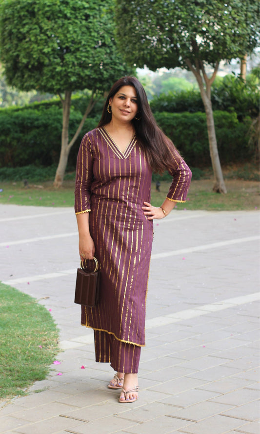 Cotton Lurex Sangria & Gold Straight Kurta with Pants - Baareeki