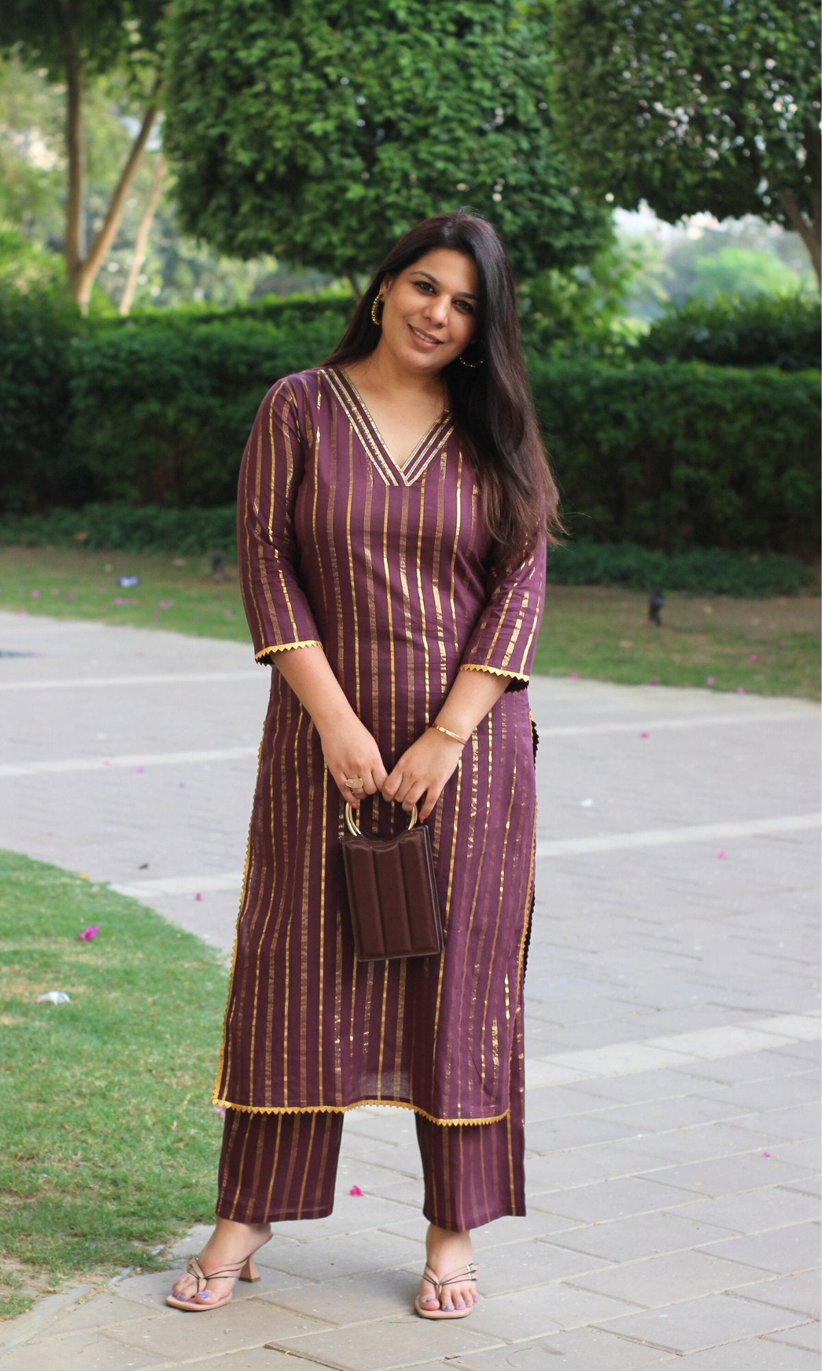 Cotton Lurex Sangria & Gold Straight Kurta with Pants - Baareeki