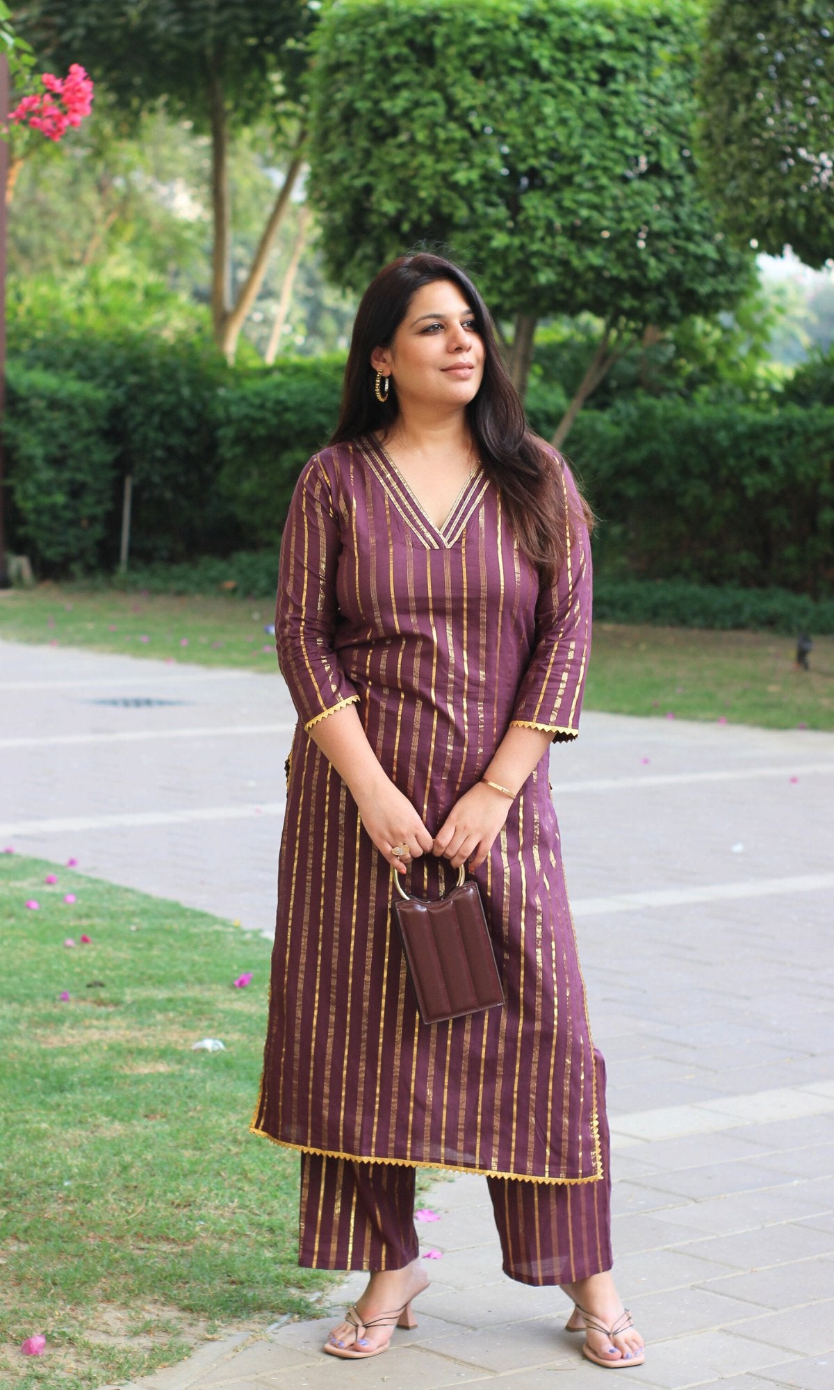 Cotton Lurex Sangria & Gold Straight Kurta with Pants - Baareeki