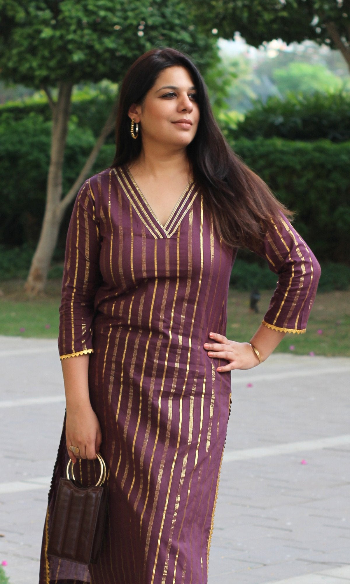 Cotton Lurex Sangria & Gold Straight Kurta with Pants - Baareeki