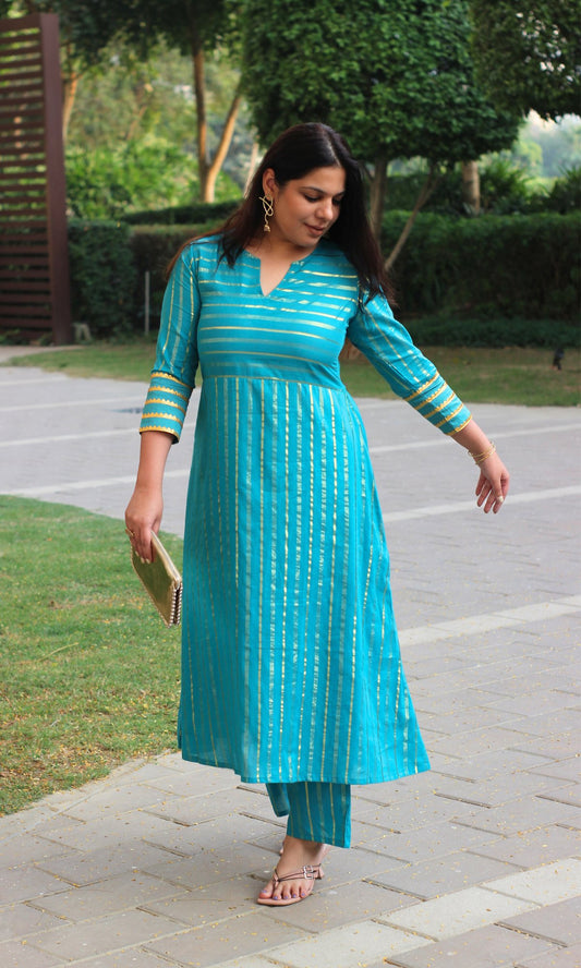 Cotton Lurex Teal & Gold Flared Kurta with Pants - Baareeki