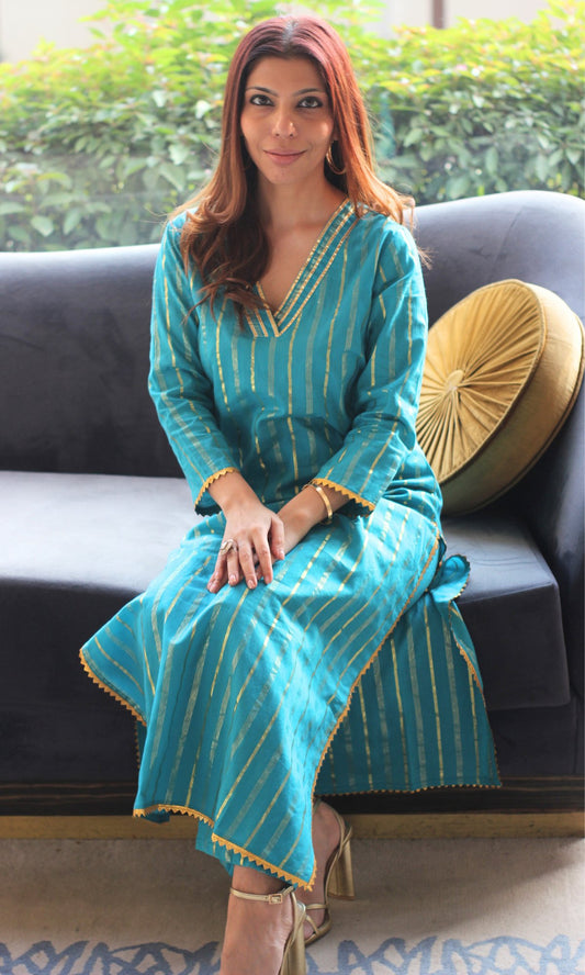 Cotton Lurex Teal & Gold Straight Kurta with Pants - Baareeki