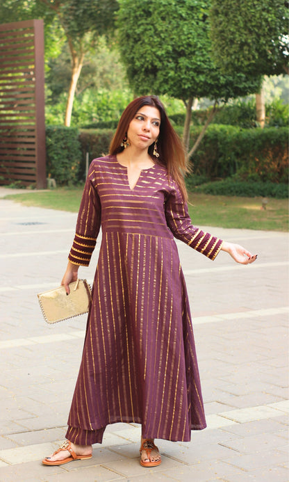 Cotton Lurex Wine & Gold Flared Kurta with Pants - Baareeki