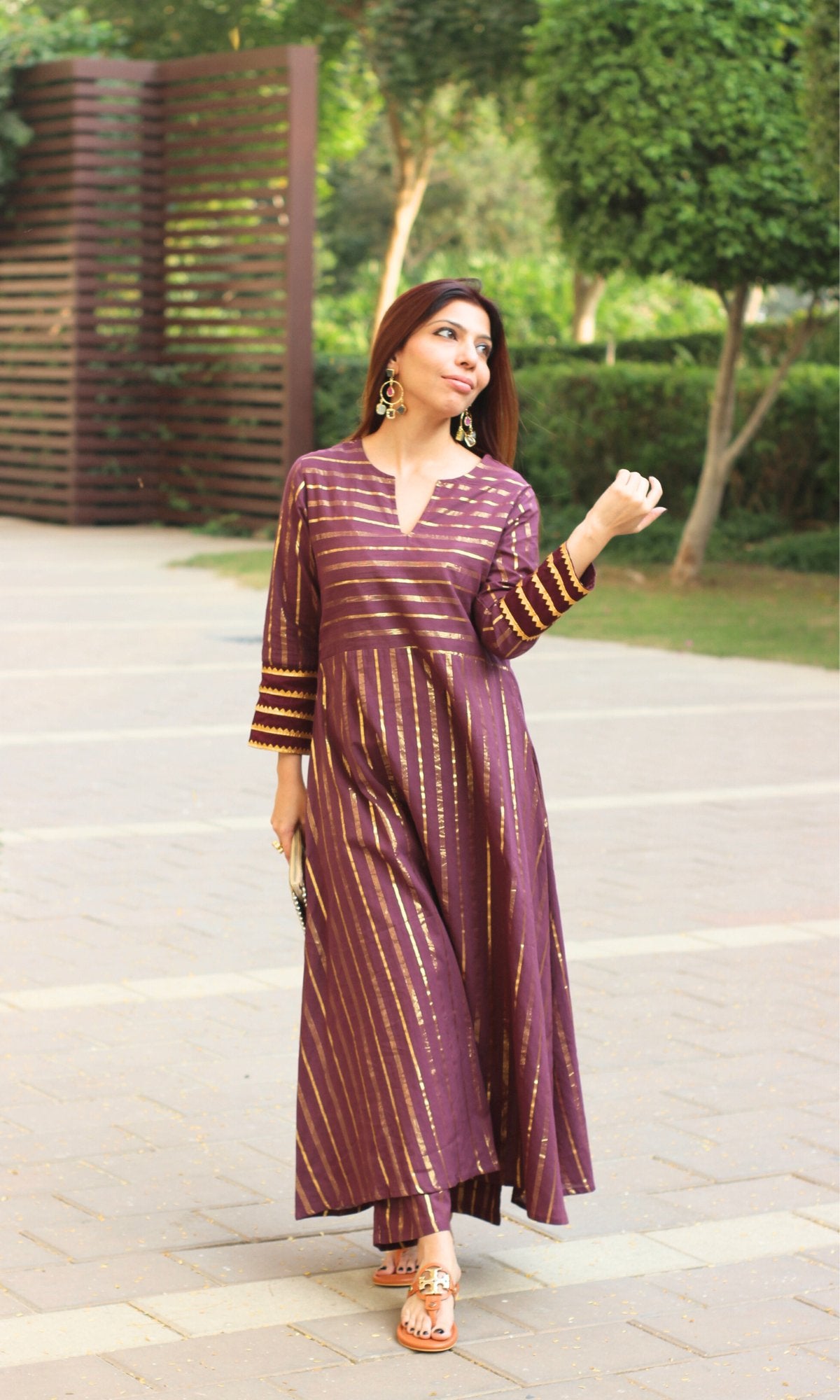 Cotton Lurex Wine & Gold Flared Kurta with Pants - Baareeki