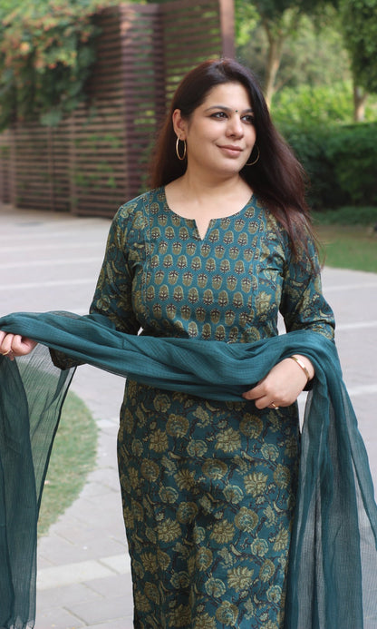 Cotton Marine Teal Ajrakh Suit with Kota Doria Dupatta - Baareeki