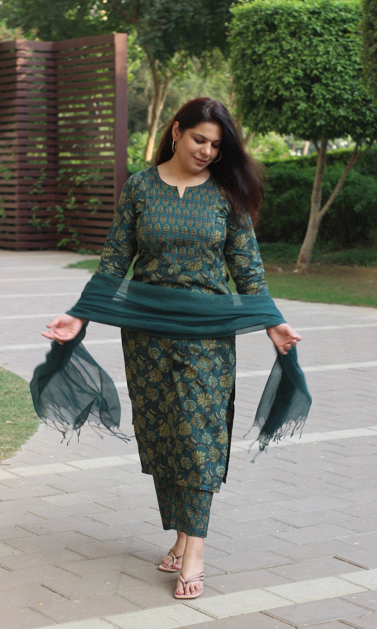 Cotton Marine Teal Ajrakh Suit with Kota Doria Dupatta - Baareeki