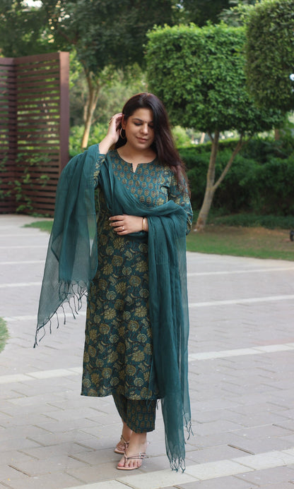 Cotton Marine Teal Ajrakh Suit with Kota Doria Dupatta - Baareeki