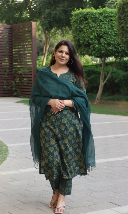 Cotton Marine Teal Ajrakh Suit with Kota Doria Dupatta - Baareeki