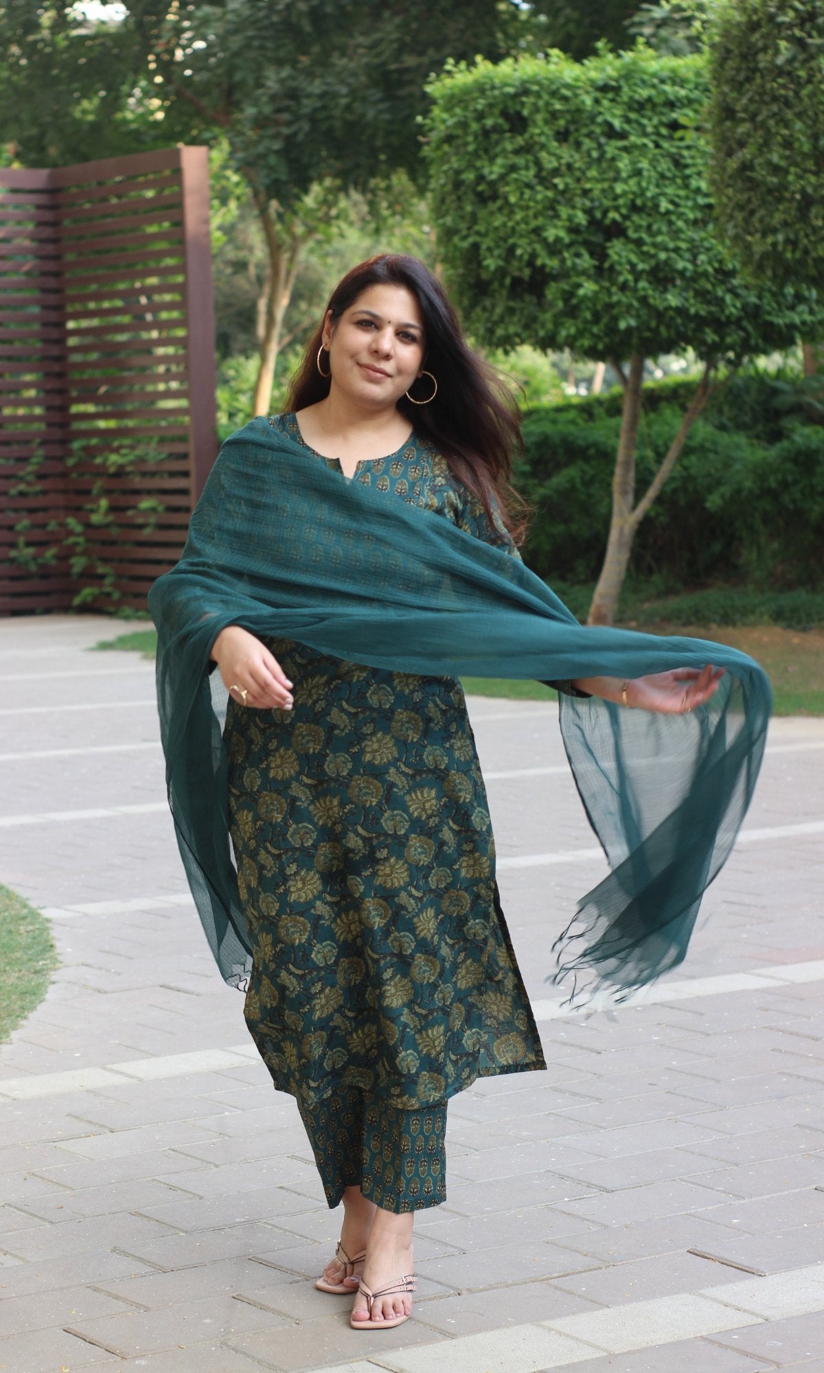 Cotton Marine Teal Ajrakh Suit with Kota Doria Dupatta - Baareeki