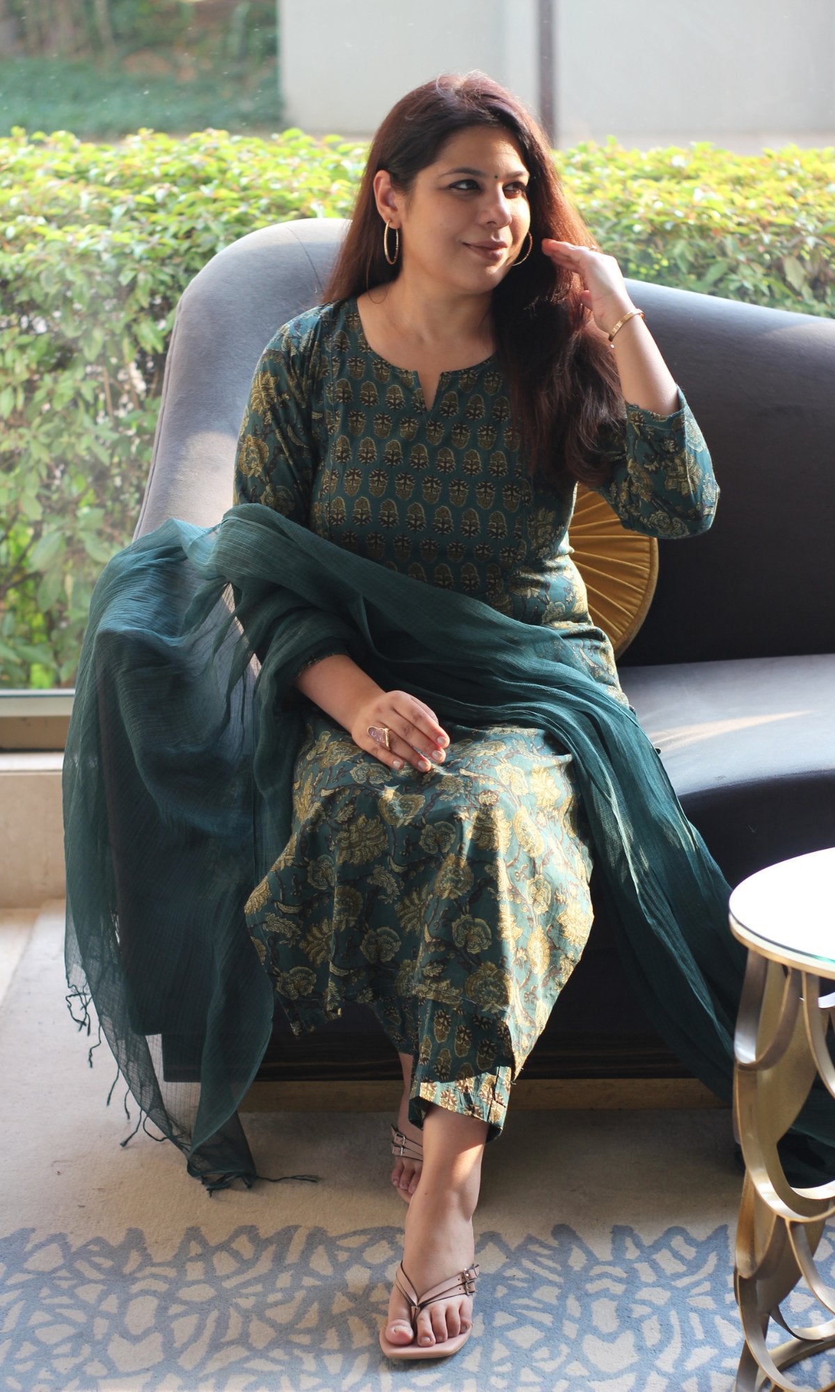 Cotton Marine Teal Ajrakh Suit with Kota Doria Dupatta - Baareeki