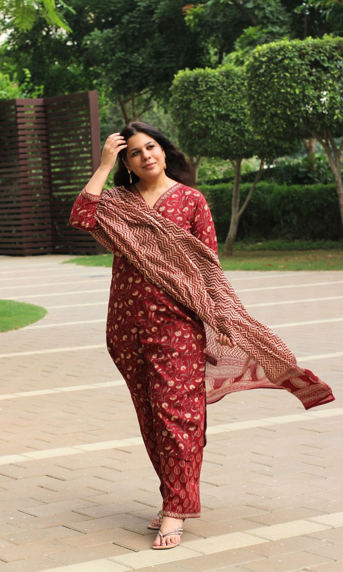 Cotton Maroon Bel Print Suit Set with Cotton Printed Dupatta - Baareeki