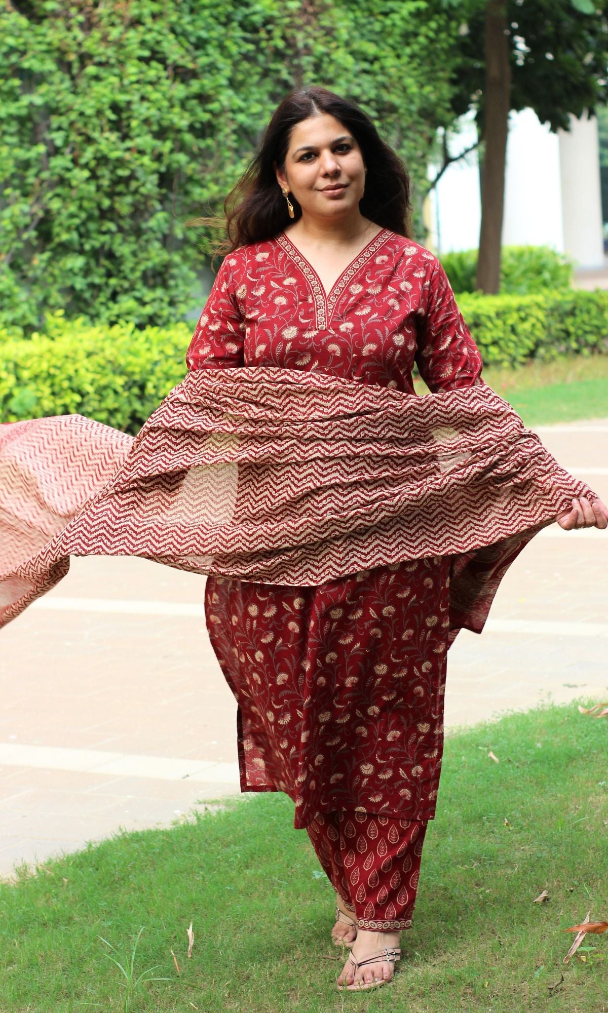 Cotton Maroon Bel Print Suit Set with Cotton Printed Dupatta - Baareeki