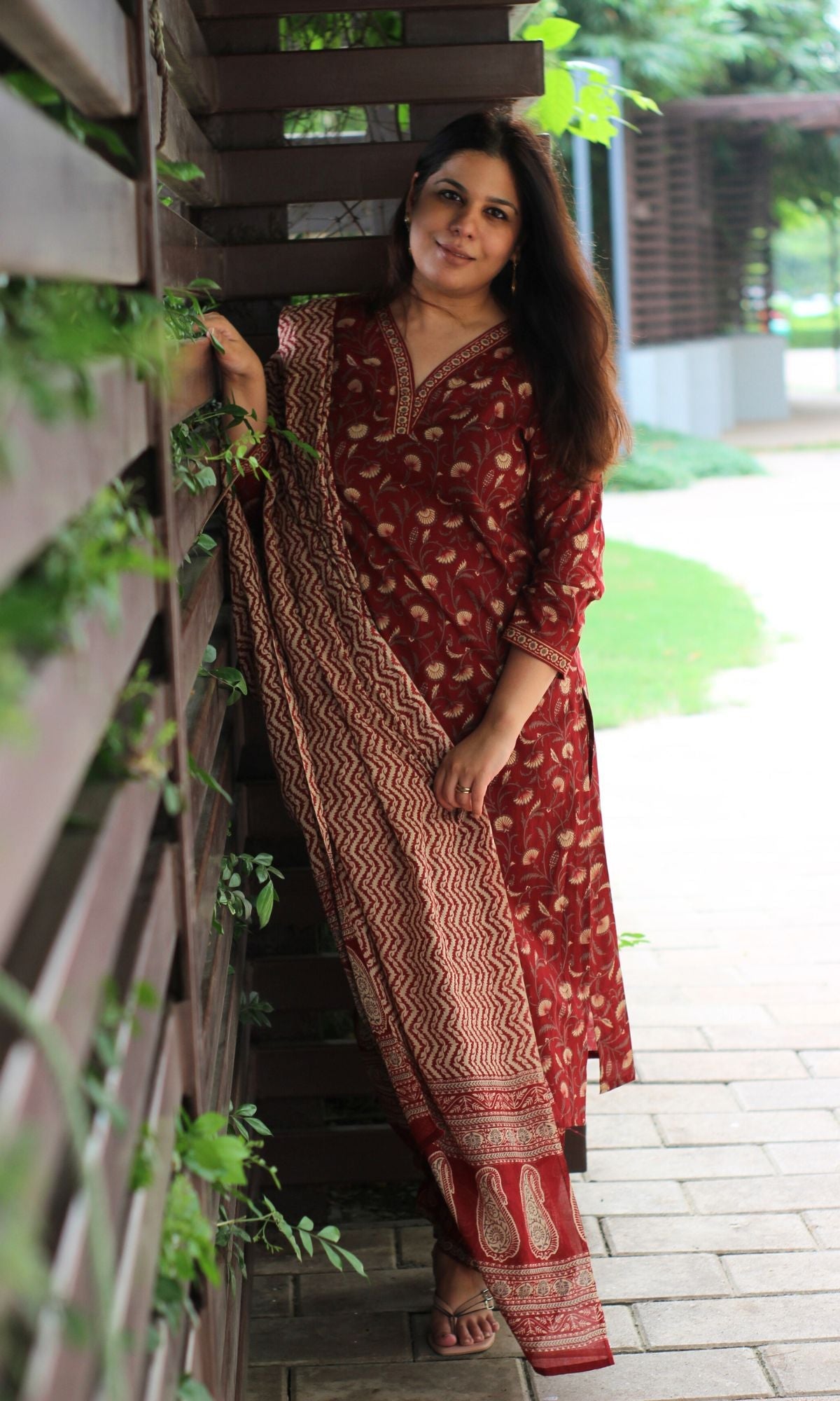 Cotton Maroon Bel Print Suit Set with Cotton Printed Dupatta - Baareeki