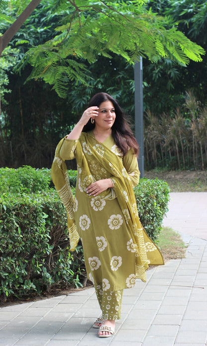 Cotton Mehendi Green Batik Handblock Print Suit with Chiffon Printed Dupatta - Baareeki