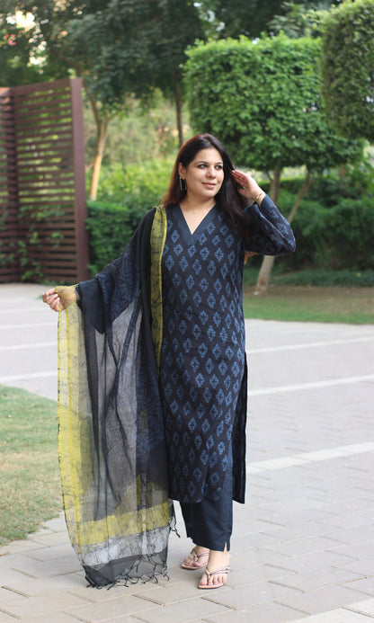 Cotton Midnight Blue Hand Printed Bell Sleeves Suit with Kota Doria Dupatta - Baareeki