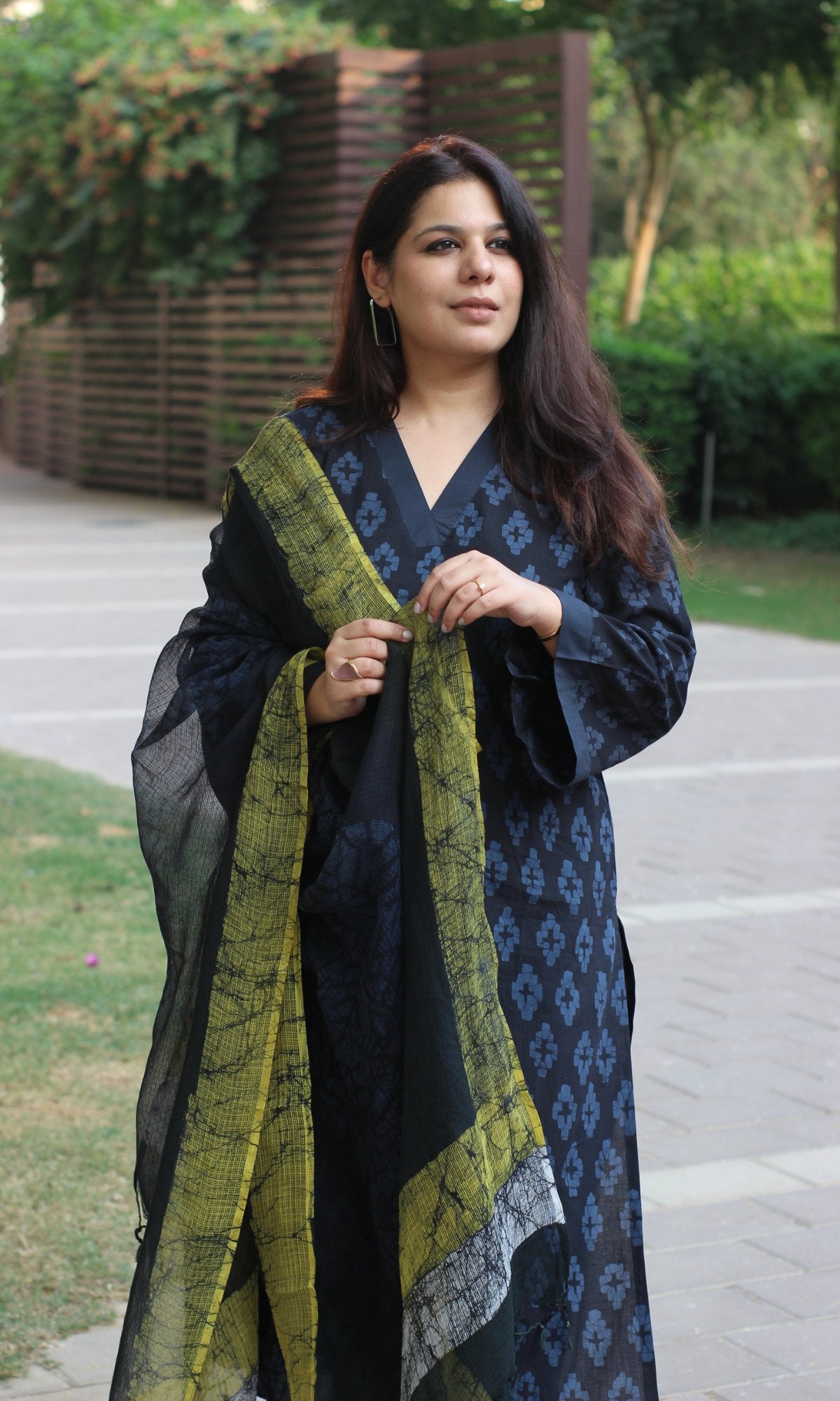 Cotton Midnight Blue Hand Printed Bell Sleeves Suit with Kota Doria Dupatta - Baareeki