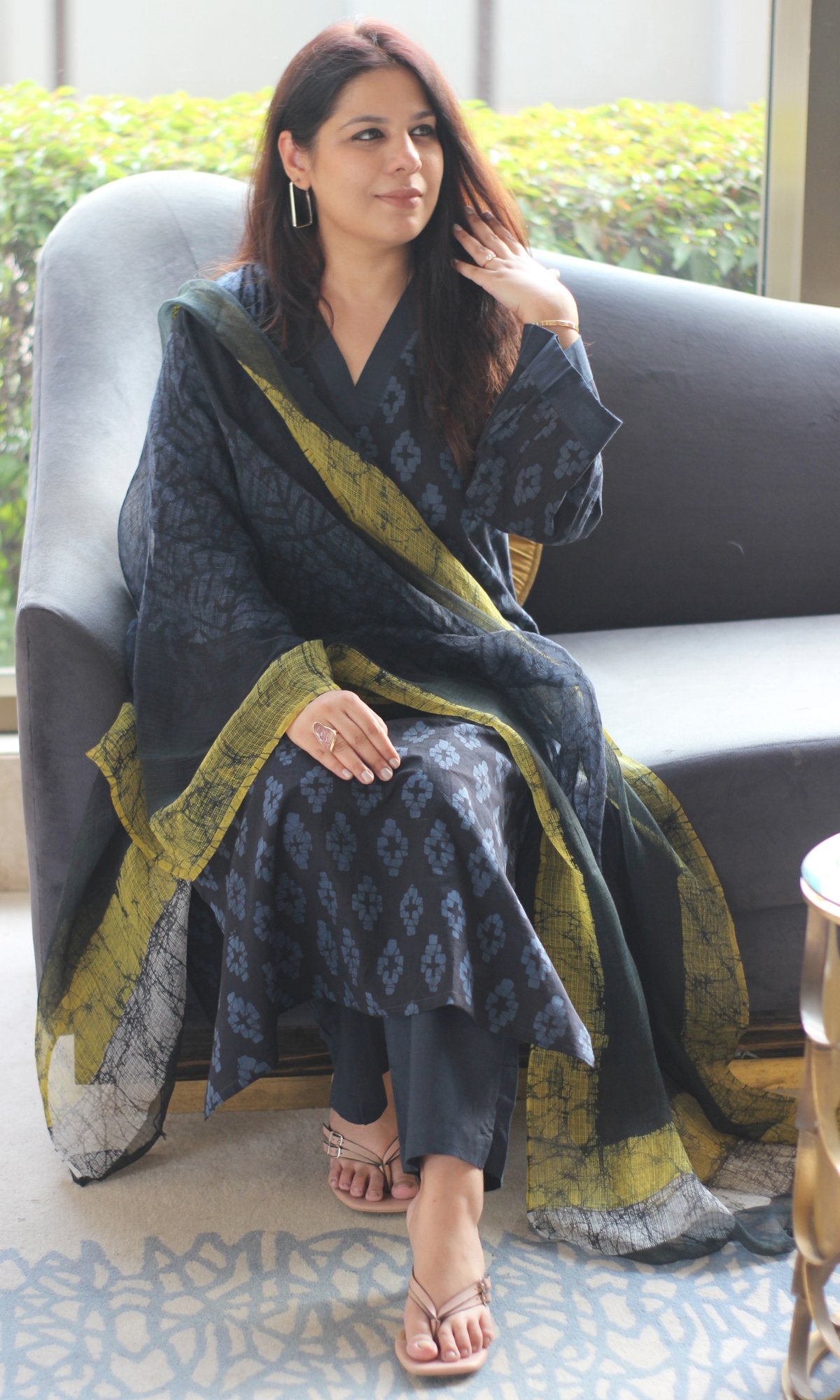 Cotton Midnight Blue Hand Printed Bell Sleeves Suit with Kota Doria Dupatta - Baareeki