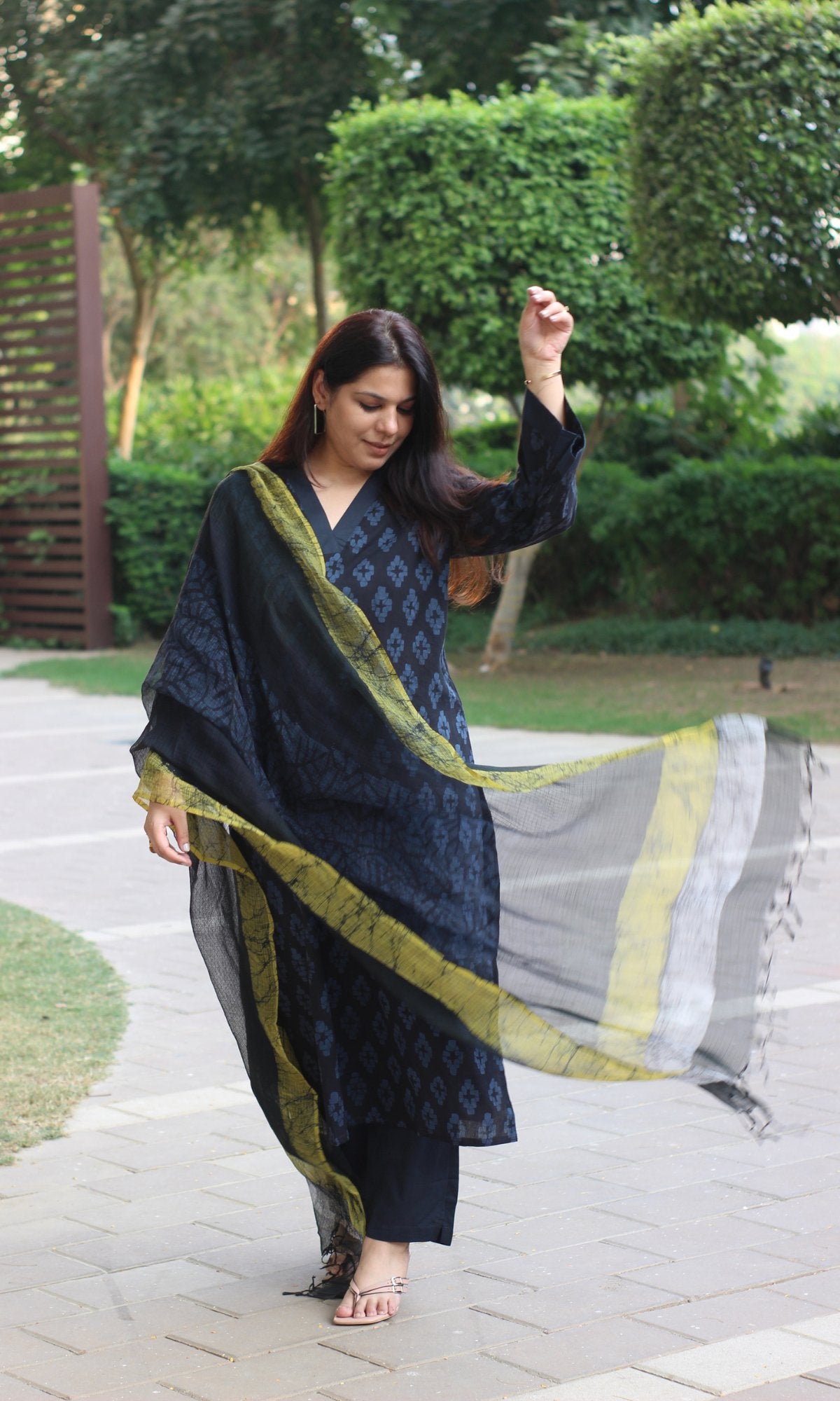 Cotton Midnight Blue Hand Printed Bell Sleeves Suit with Kota Doria Dupatta - Baareeki