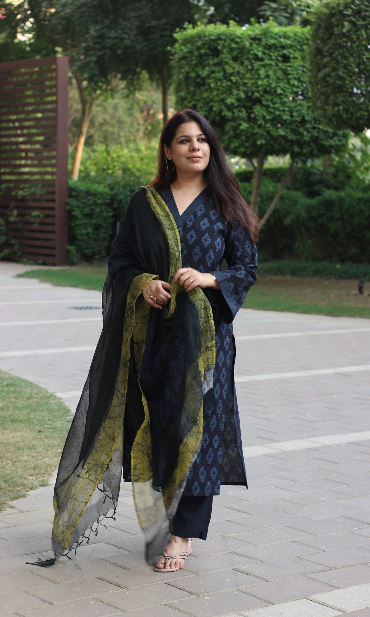 Cotton Midnight Blue Hand Printed Bell Sleeves Suit with Kota Doria Dupatta - Baareeki