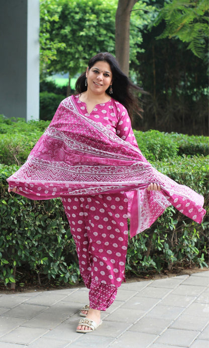 Cotton Mulberry Print Suit Set with Afgani Salwar & Mul Printed Dupatta - Baareeki