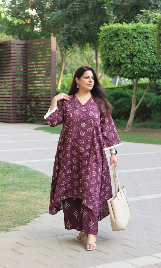 Cotton Mulberry Sunflower High Low Kurta & Palazzo - Baareeki