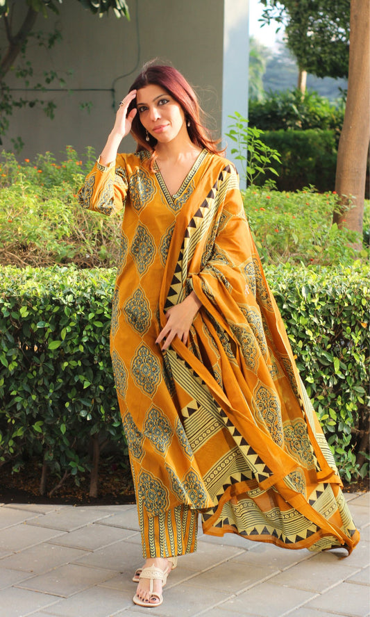 Cotton Mustard Geometric Mughal Print Suit with Cotton Printed Dupatta - Baareeki