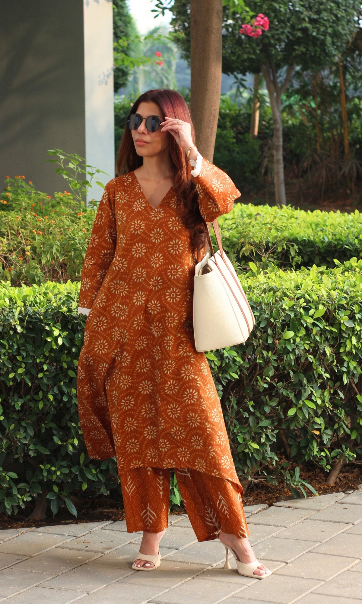 Cotton Mustard Gold Sunflower High Low A line kurta & Pallazo - Baareeki