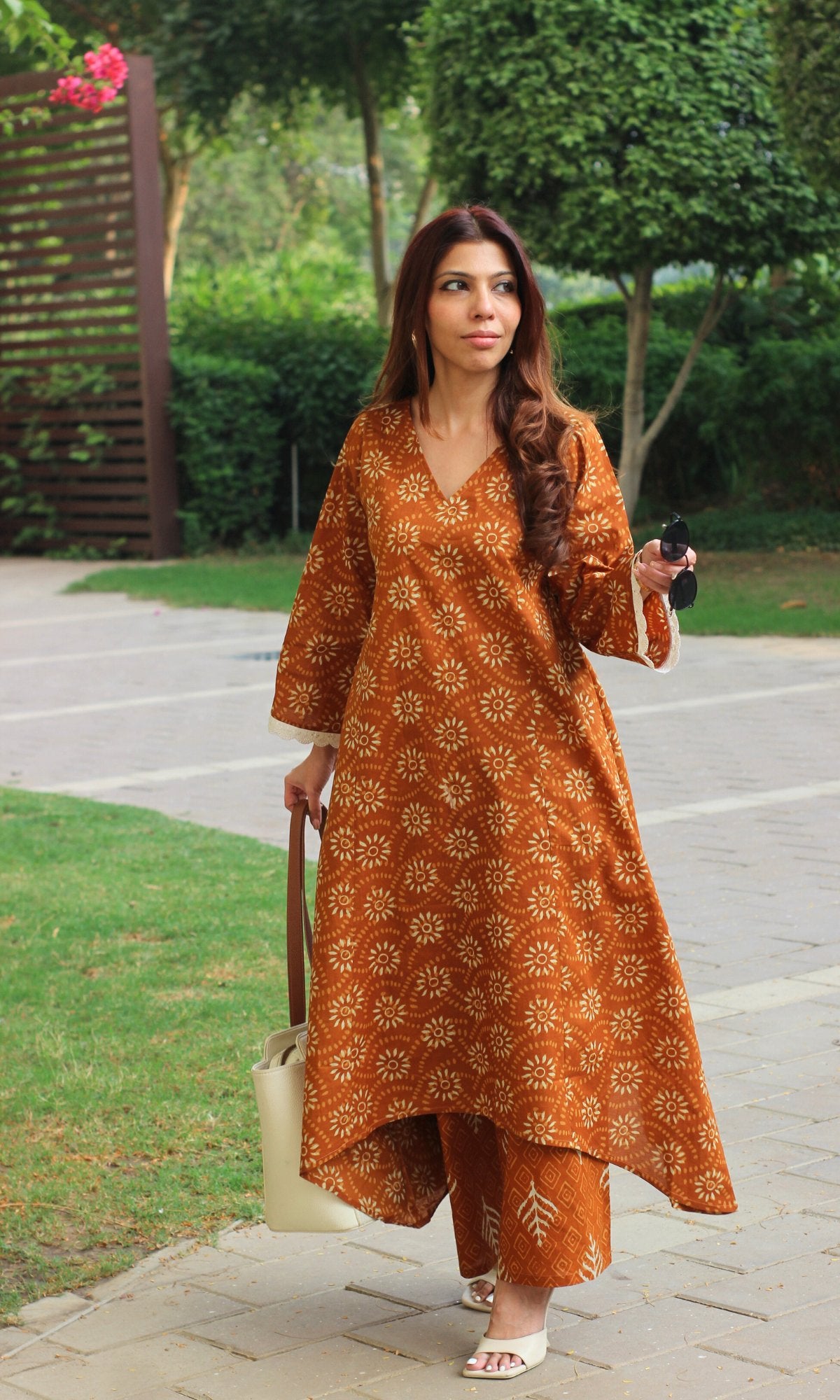 Cotton Mustard Gold Sunflower High Low A line kurta & Pallazo - Baareeki