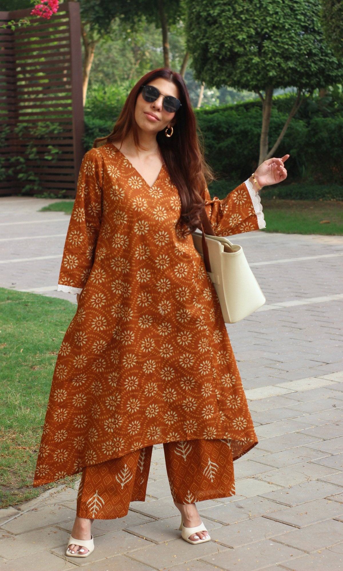 Cotton Mustard Gold Sunflower High Low A line kurta & Pallazo - Baareeki