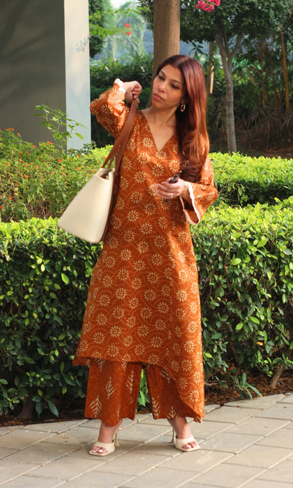 Cotton Mustard Gold Sunflower High Low A line kurta & Pallazo - Baareeki