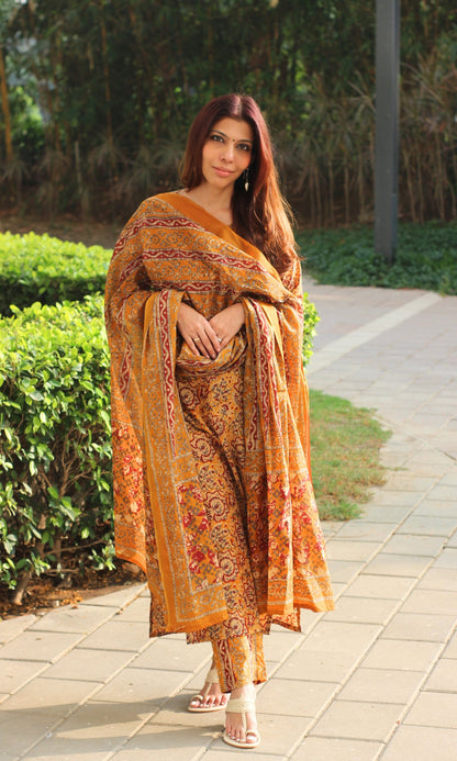 Cotton Mustard & Red Printed Suit with Mul Printed Dupatta - Baareeki