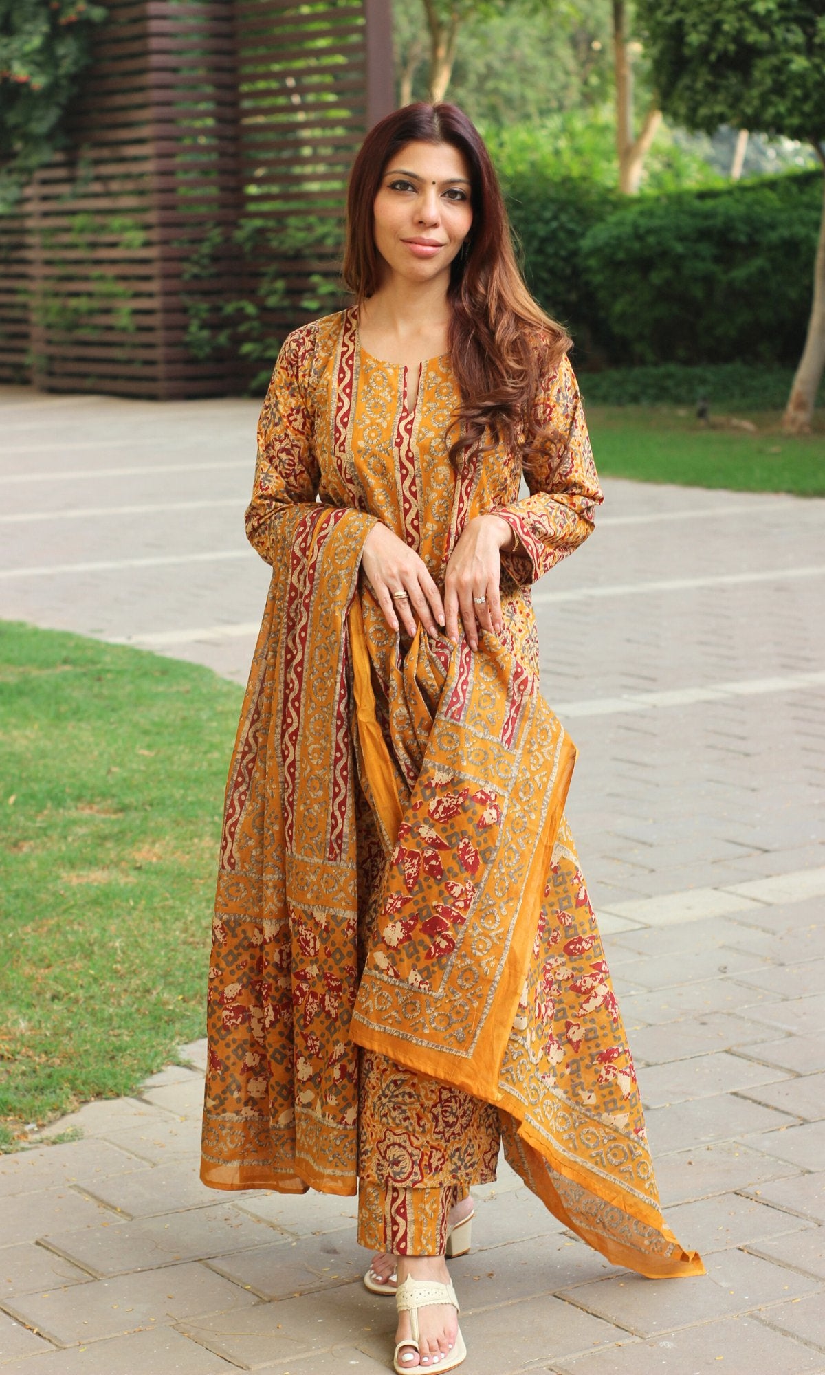 Cotton Mustard & Red Printed Suit with Mul Printed Dupatta - Baareeki