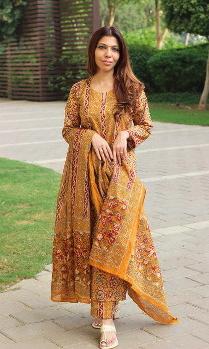 Cotton Mustard & Red Printed Suit with Mul Printed Dupatta - Baareeki