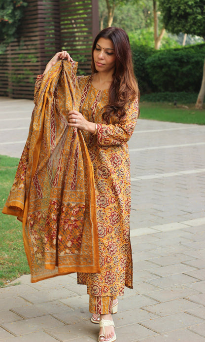 Cotton Mustard & Red Printed Suit with Mul Printed Dupatta - Baareeki