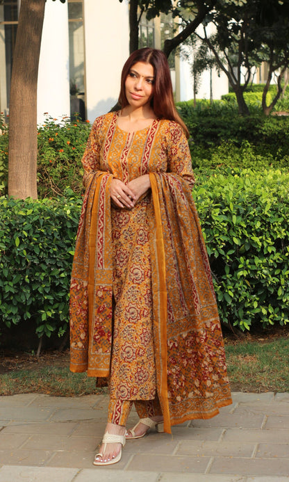 Cotton Mustard & Red Printed Suit with Mul Printed Dupatta - Baareeki