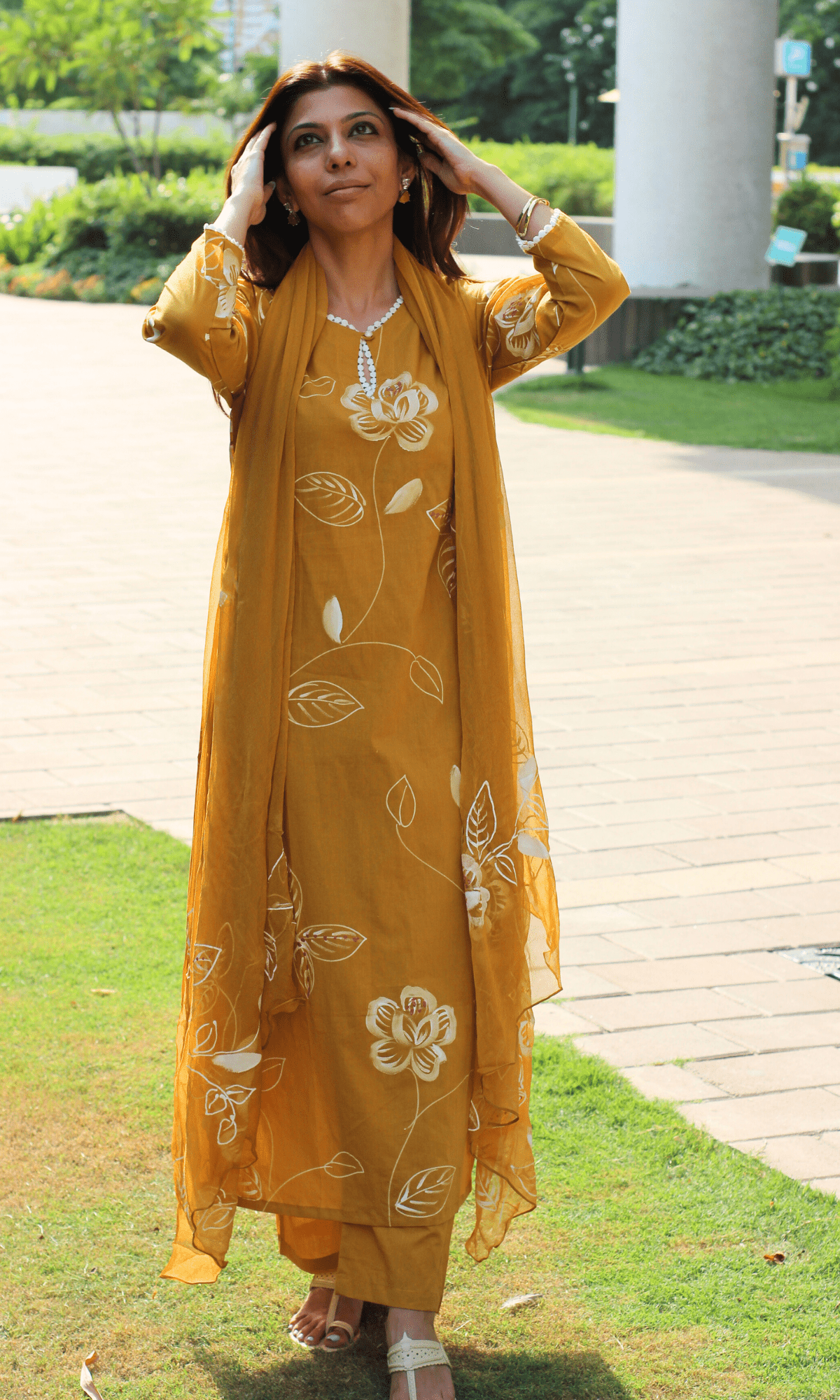 Cotton Mustard Yellow Pearl Handbrush Painted Suit with Chiffon Hand Painted Dupatta - Baareeki