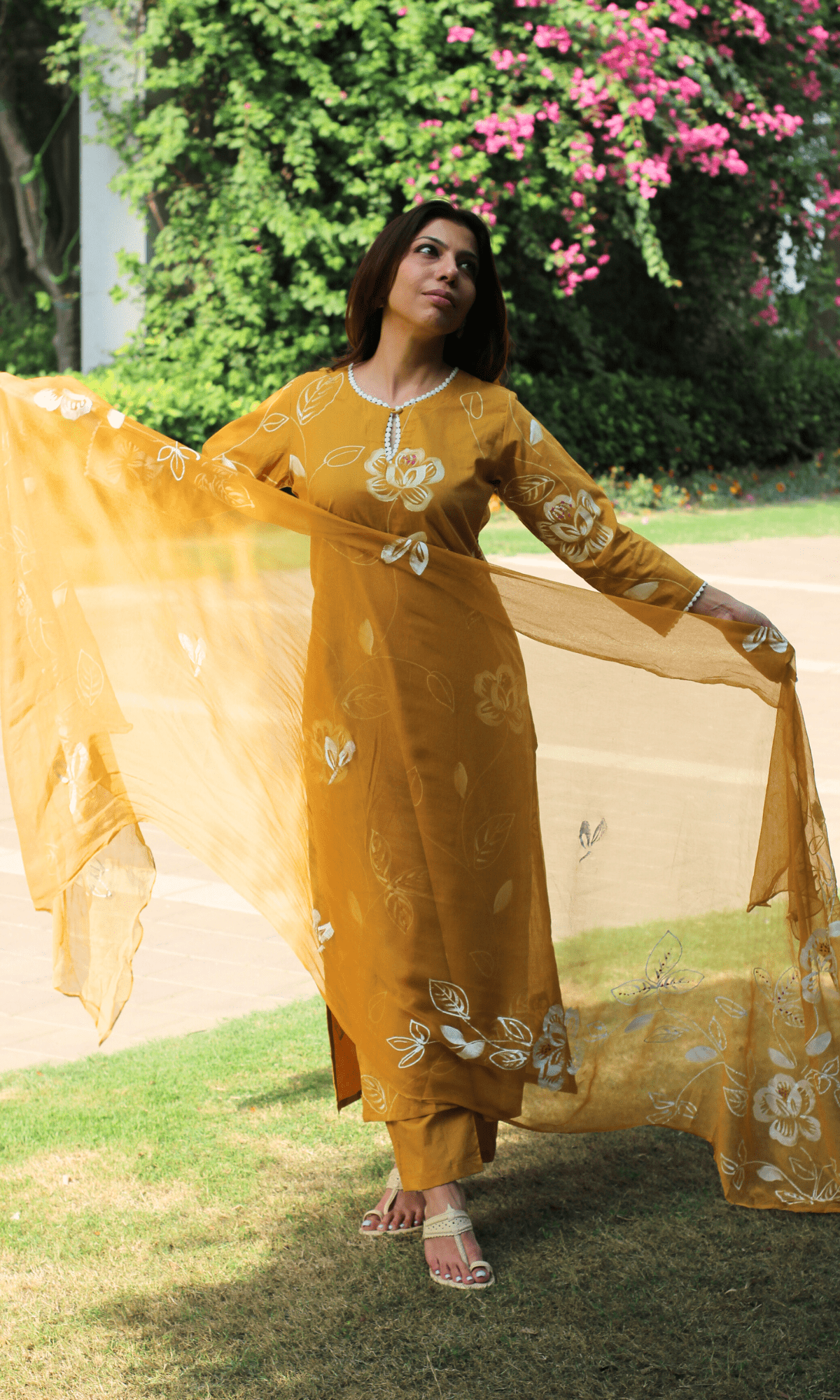 Cotton Mustard Yellow Pearl Handbrush Painted Suit with Chiffon Hand Painted Dupatta - Baareeki