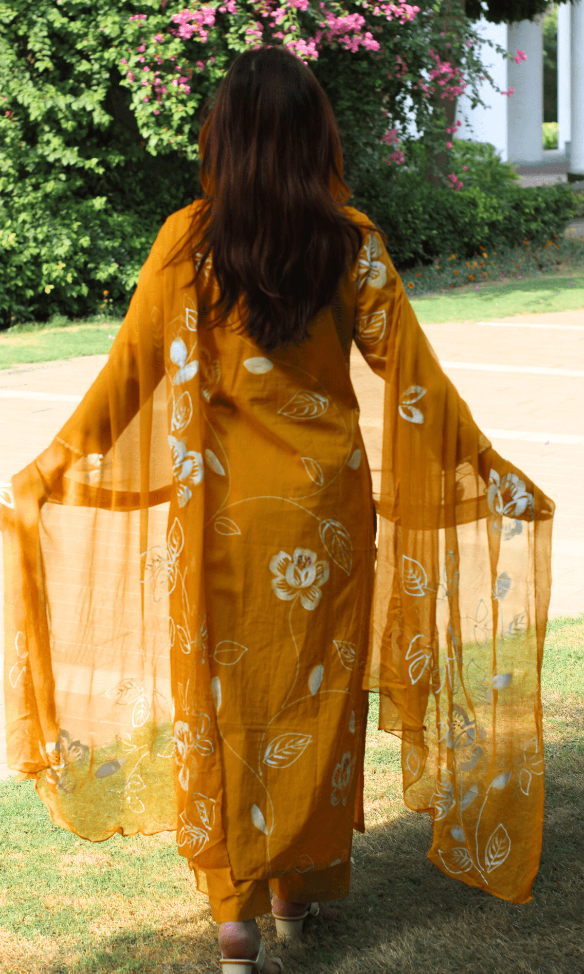 Cotton Mustard Yellow Pearl Handbrush Painted Suit with Chiffon Hand Painted Dupatta - Baareeki