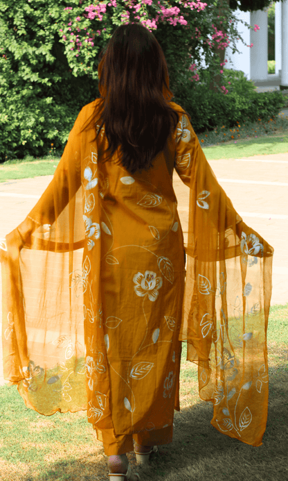 Cotton Mustard Yellow Pearl Handbrush Painted Suit with Chiffon Hand Painted Dupatta - Baareeki