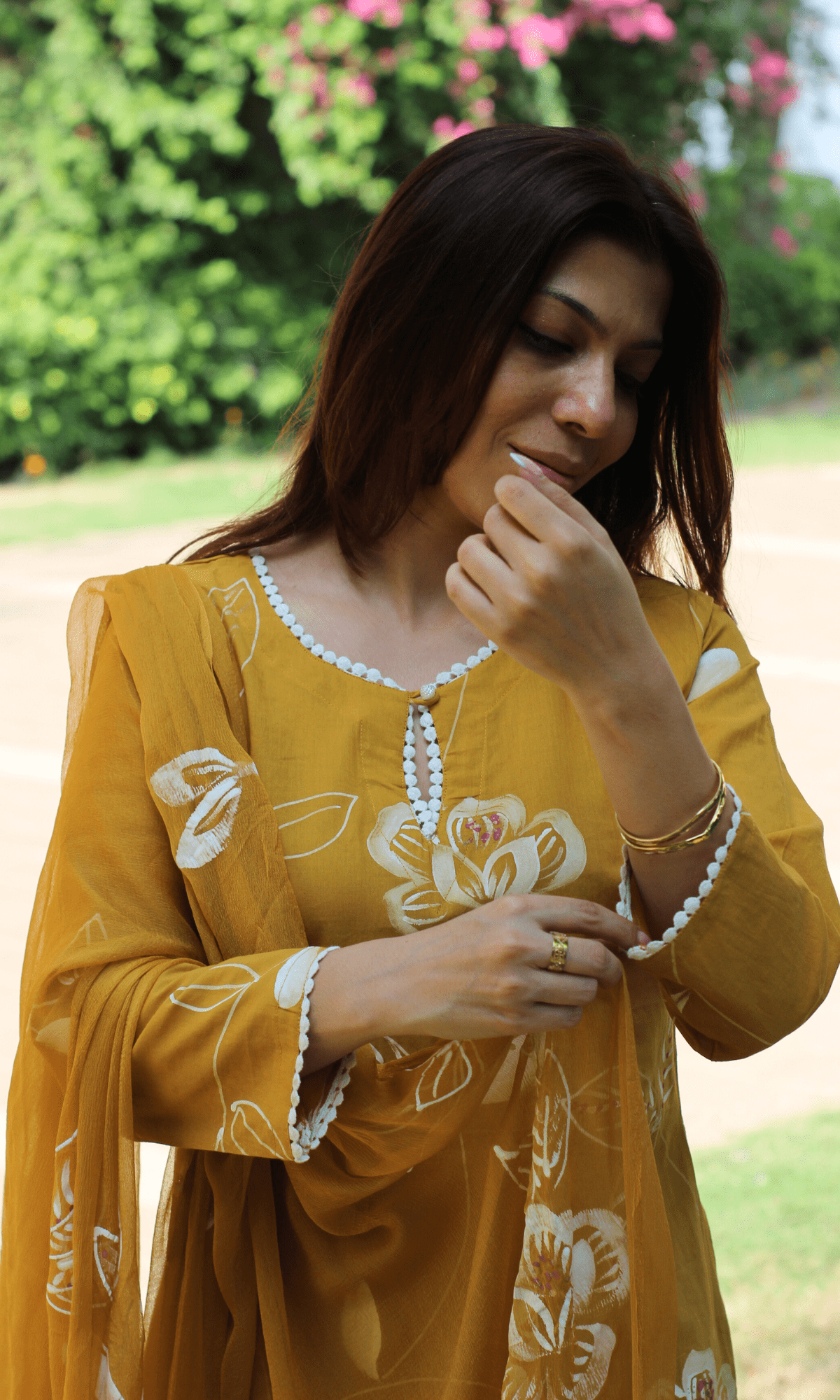 Cotton Mustard Yellow Pearl Handbrush Painted Suit with Chiffon Hand Painted Dupatta - Baareeki
