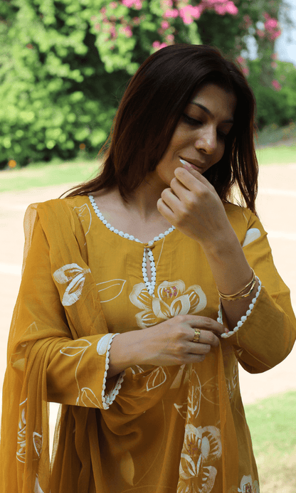 Cotton Mustard Yellow Pearl Handbrush Painted Suit with Chiffon Hand Painted Dupatta - Baareeki